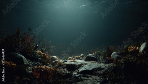 Underwater Coral Reef Ecosystem With Sunbeams Piercing Through The Water.