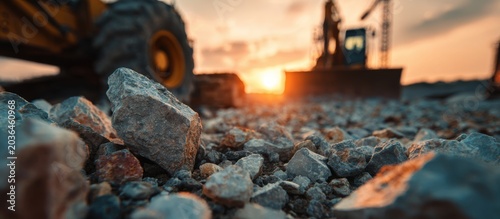 Construction site at sunset with heavy machinery and rocky terrain.