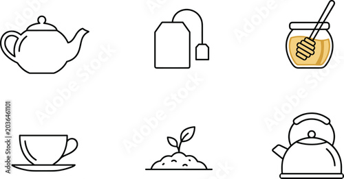 Fotografie Tea time line icons set, teapot, teabag, honey jar, cup, and plant vector illust