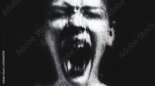 screaming face in darkness with glitch distortion, grainy black and white portrait of fear and pain, eerie monochrome closeup with distorted screaming expression