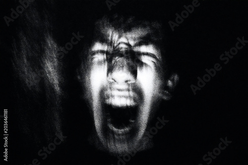 screaming face in darkness with glitch distortion, grainy black and white portrait of fear and pain, eerie monochrome closeup with distorted screaming expression