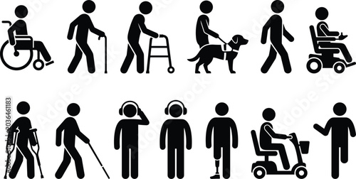 People with disabilities pictograms, diverse accessibility icons set, handicap and mobility assistance vector illustration