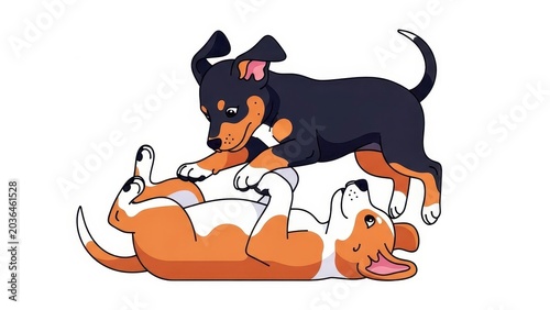 Two playful puppies wrestling and having fun together.