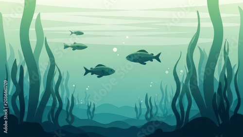 Underwater Scene with Fish and Seaweed.
