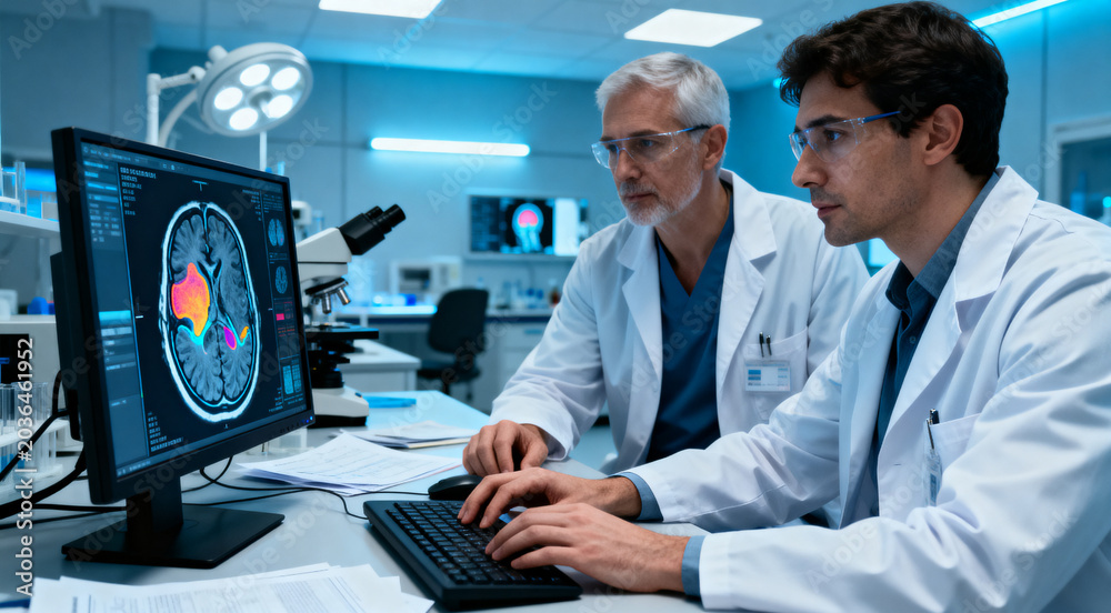Fototapeta premium Medical researchers studying human brain anomalies using MRI imaging technology