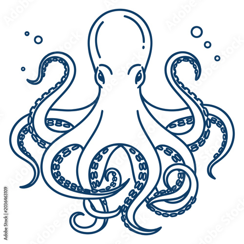 Linear vector outline graphic of an octopus with bubbles marine life cephalopod creature wildlife