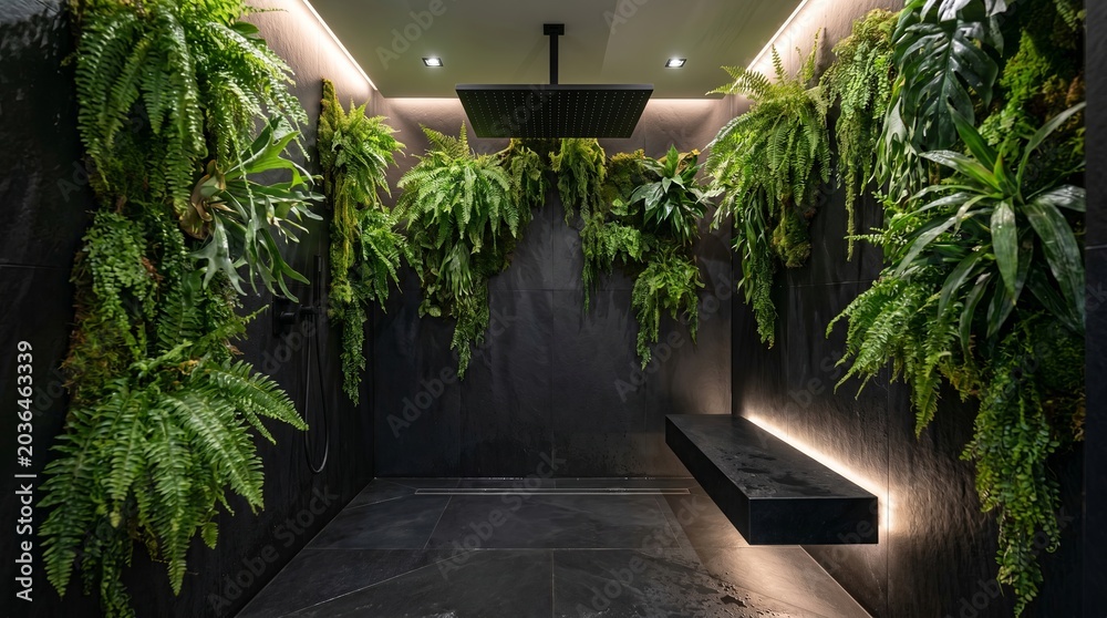 Naklejka premium Rain shower with lush greenery. Relaxing indoor space with plants and water features