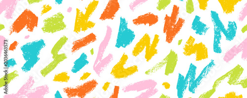 Fotografija Colorful kid's Birthday wrapping paper seamless pattern with crayon drawn rough squiggles and random irregular shapes