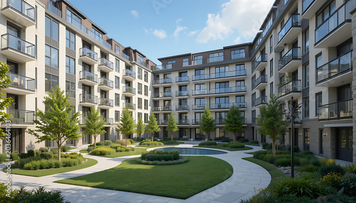 Modern apartment complex with landscaped courtyard and walkways apartment building residential complex