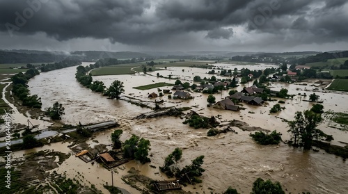 Aerial view of a flooded landscape with destroyed bridge and houses