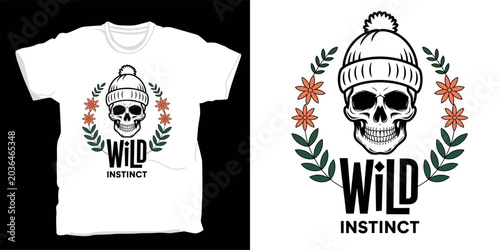 Wild instinct skull with winter beanie t-shirt design featuring floral wreath for adventure lifestyle apparel.