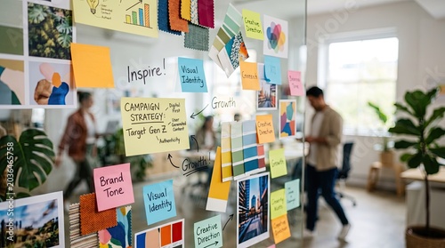 Creative brainstorming session with sticky notes and mood board on glass wall