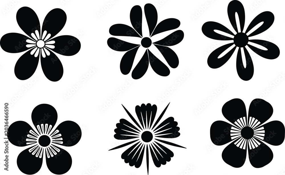 Fototapeta premium Black and white floral silhouette collection featuring decorative blooming flowers, botanical vector icons, minimalist nature design isolated artwork set bundle