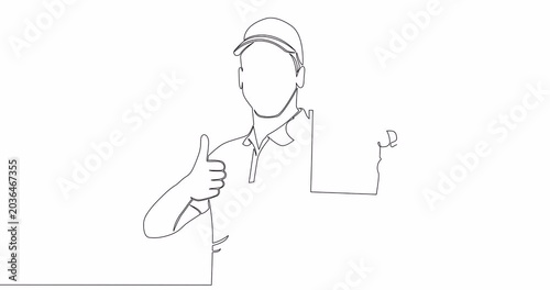Self drawing line animation Man in hat and work clothes showing off the display screen of a smartphone continuous one single line drawn concept video