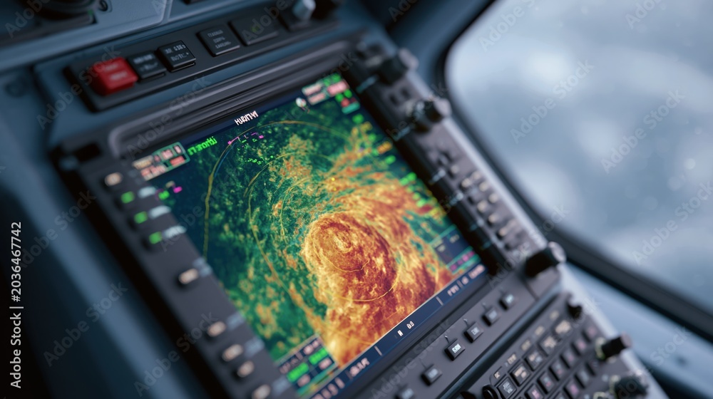 Obraz premium Cockpit weather radar displays a powerful hurricane from inside an aircraft
