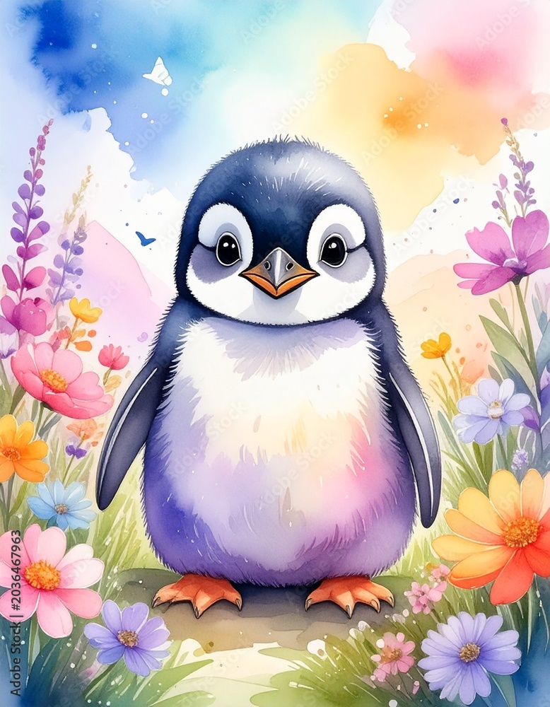 Naklejka premium Aquarell-Pinguinbaby im Frühling