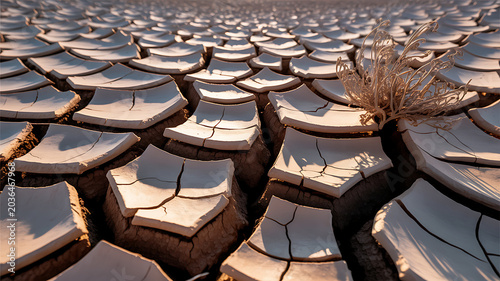 Photorealistic Macro of Dry Cracked Earth and Desert Plant at Sunset, Illustrating Drought, Climate Change, and Environmental Crisis