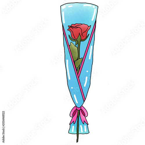 Watercolor illustration of a single red rose wrapped in blue paper, romantic gift flower bouquet