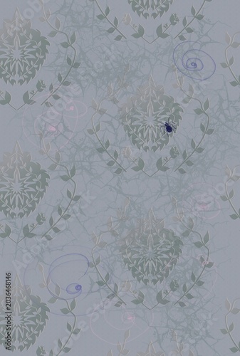 A small insect on old wallpaper with stylized plants.