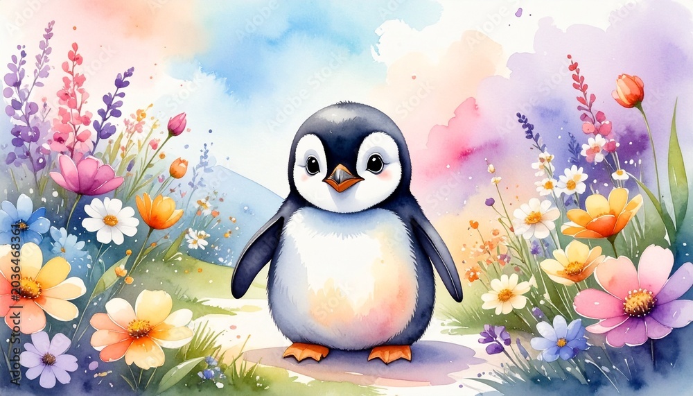 Naklejka premium Aquarell-Pinguinbaby im Frühling