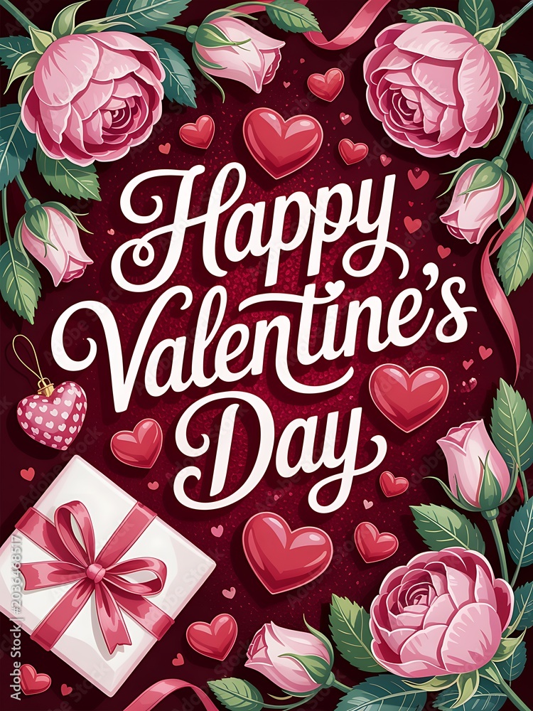 Naklejka premium Happy valentines day with roses, hearts, and gift on dark red background