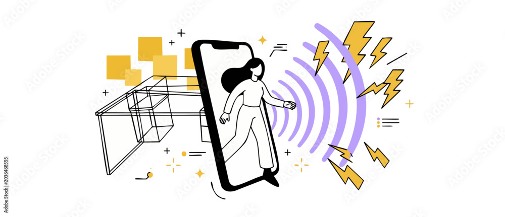 Fototapeta premium Woman stepping out of smartphone leaves office desk under fast wireless signal wave and yellow lightning bolt energy illustrating digital transformation, modern remote working, with freelance telework