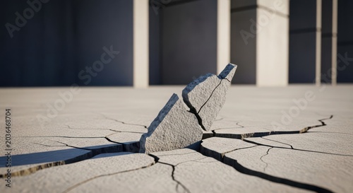 Cracked Concrete Surface with a Large Stone Fragment Breaking Through in an Architectural Setting