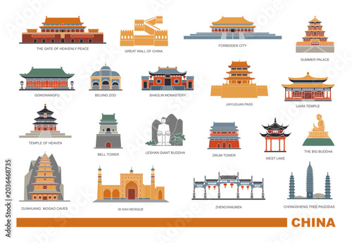 Historic China Landmarks Vector Icons Collection Set