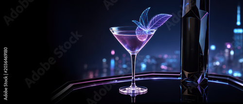 Cocktail martini glass drink night bar city neon luxury Cocktail martini glass bar counter with neon city skyline bokeh, luxury night mood