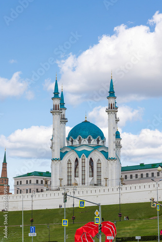 The Kul Sharif Mosque is the main Juma Mosque of Kazan, Republic of Tatarstan. It is located within the Kazan Kremlin, Vakhitovsky District. Photographed from Pravo-Bulachnaya Street. Selective focus.