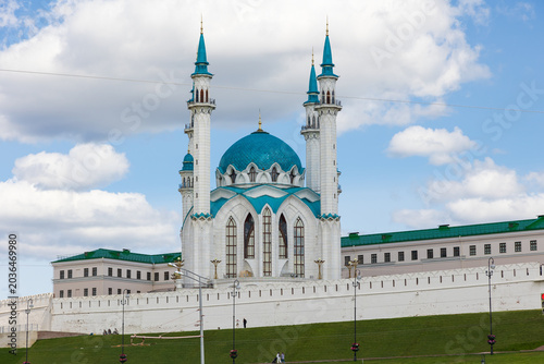 The Kul Sharif Mosque is the main Juma Mosque of Kazan, Republic of Tatarstan. It is located within the Kazan Kremlin, Vakhitovsky District. Photographed from Pravo-Bulachnaya Street. Selective focus.