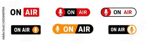On Air Microphone Broadcast Labels Collection With Live Audio Streaming Interface Design. Live Podcast On Air Buttons Set Featuring Radio Microphone And Media Broadcast Elements