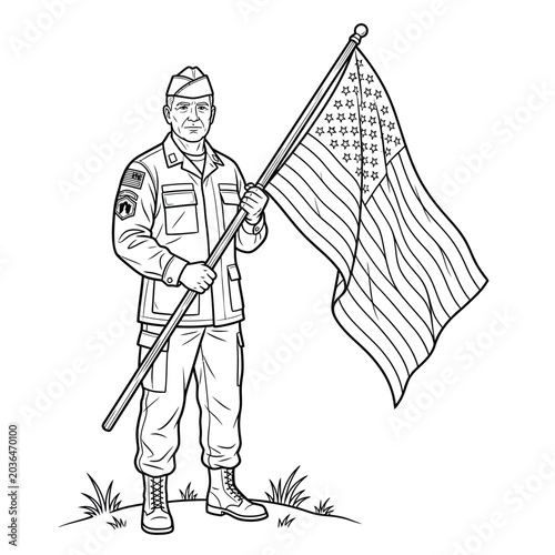 American soldier holding USA flag proudly.