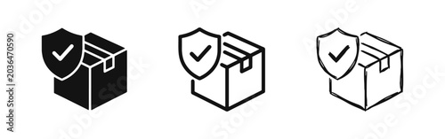 Foto Secure Delivery Icon Set - Package with Shield in Solid Outline and Hand Drawn S