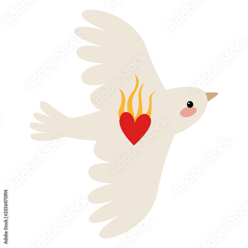 Φωτογραφία Hand drawn white dove flying with burning red heart illustration