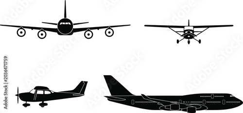 Schilderij op canvas Black silhouettes of various commercial and light aircraft in side and front vie