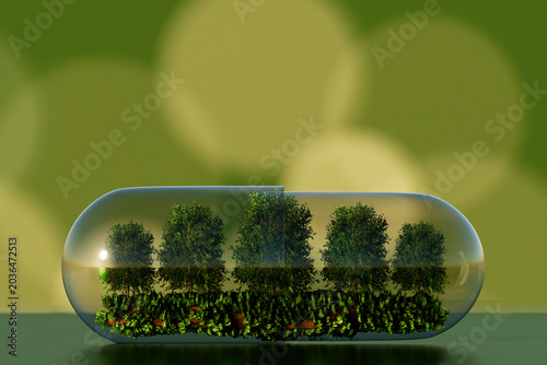 Green Biotechnology Concept: 3D Render of Transparent Medical Capsule with Forest Inside