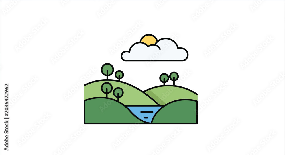 Fototapeta premium landscape illustration with hills trees and clouds on white background