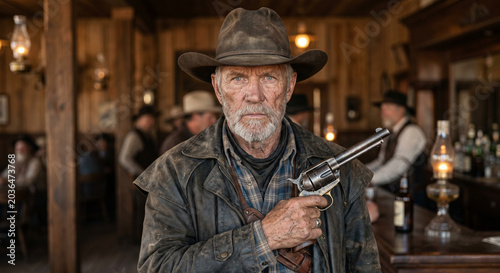 Weathered gunslinger stands stoically in a rustic saloon filled with townsfolk