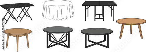 A professional vector illustration set featuring round coffee tables modern metal base stands folding desks and tablecloth elements