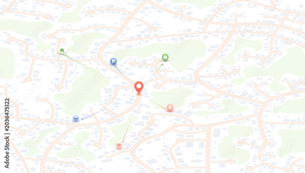 Fototapeta premium Light city map with central red pin connected by arrows to home parking shop and service icons nearby