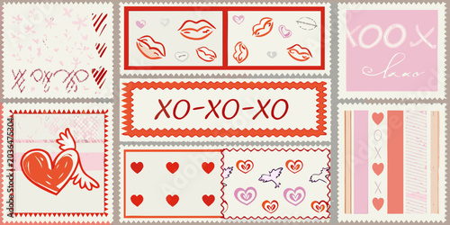 Photos Love themed pattern with hearts kisses and cupid wings vector illustration