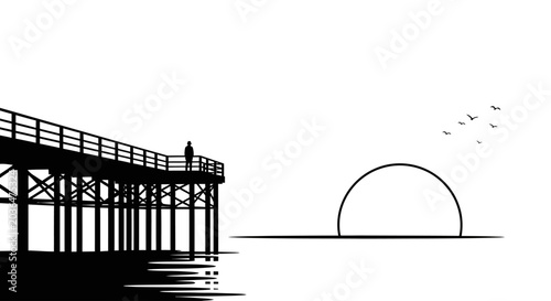 Tableau sur toile Silhouette of a person on a pier contemplating a serene sunset with birds flying
