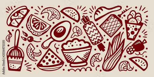 Foto Mexican Food Illustration Red Brown Line Art With Tacos And Guacamole