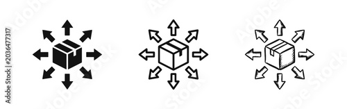 Slika na platnu Logistics Distribution Icon Set - Package with Multi-Directional Arrows in Three