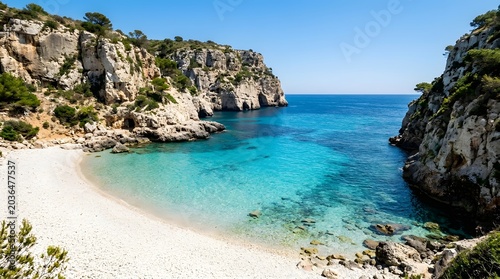 Sandy beach and turquoise sea with rocky cliffs