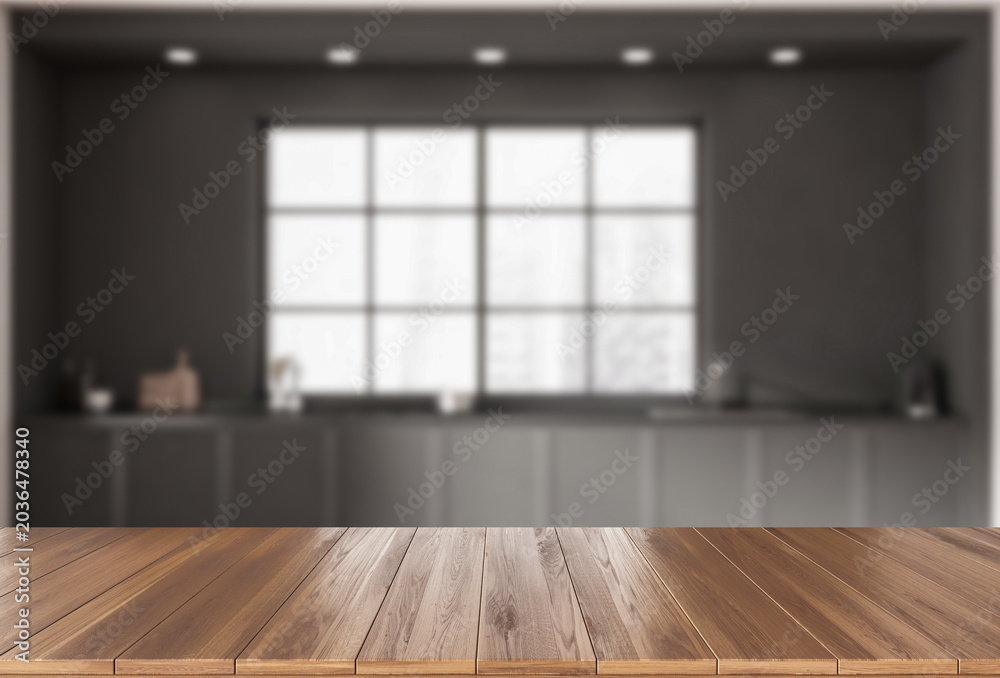 Obraz premium Wooden table top in modern interior shown in realistic style on blurred kitchen background, concept of product display, 3D Rendering