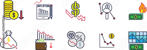 Schilderij op canvas Inflation And Rising Cost Of Living Editable Vector Icon Set Transparent Backgro