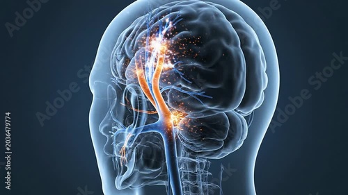 Illuminated Neurons And Nerve Pathways In Human Brain, 3D Rendering For Medical, Health, And Neuroscience Concepts On Dark Background