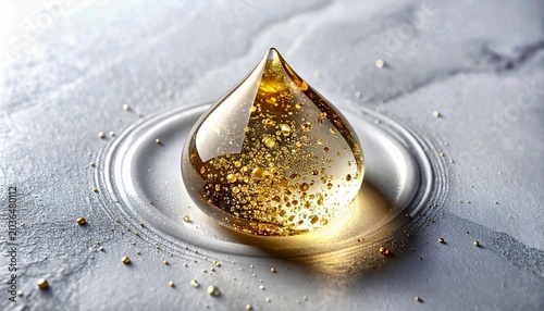 Illuminated Golden Droplet with Particles on Marble Surface